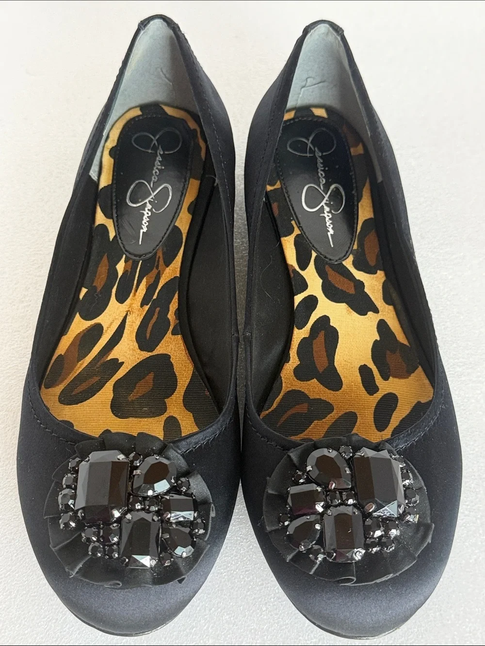 JESSICA SIMPSON Lepolia Black Satin Jeweled Rhinestone Ballet Flats Women’s 8